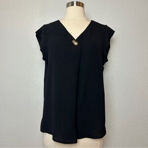 NWT AZ Fashion Blouse Women's L/XL Black Relaxed Fit Cap Sleeve Vacation Cruise